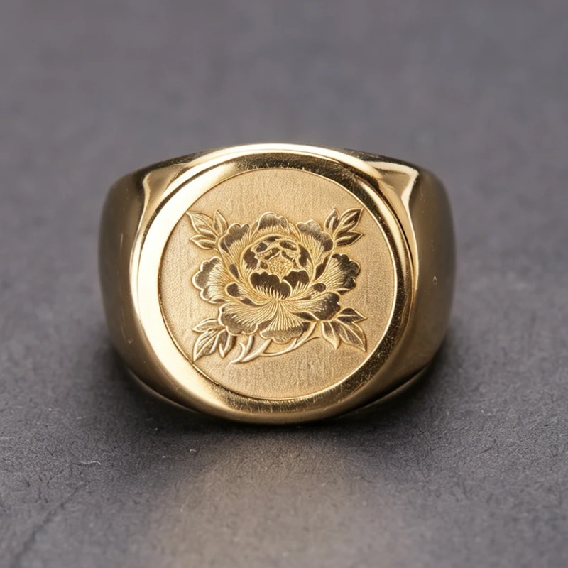 牡丹纹雕刻印章戒
